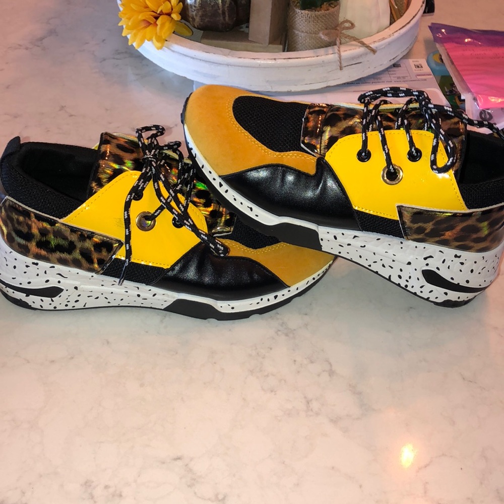 Leopard and yellow sneakers